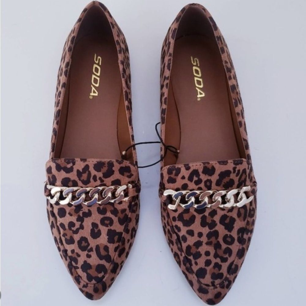 SODA Miles Cheetah Print Gold Chain Comfort Loafer Flat